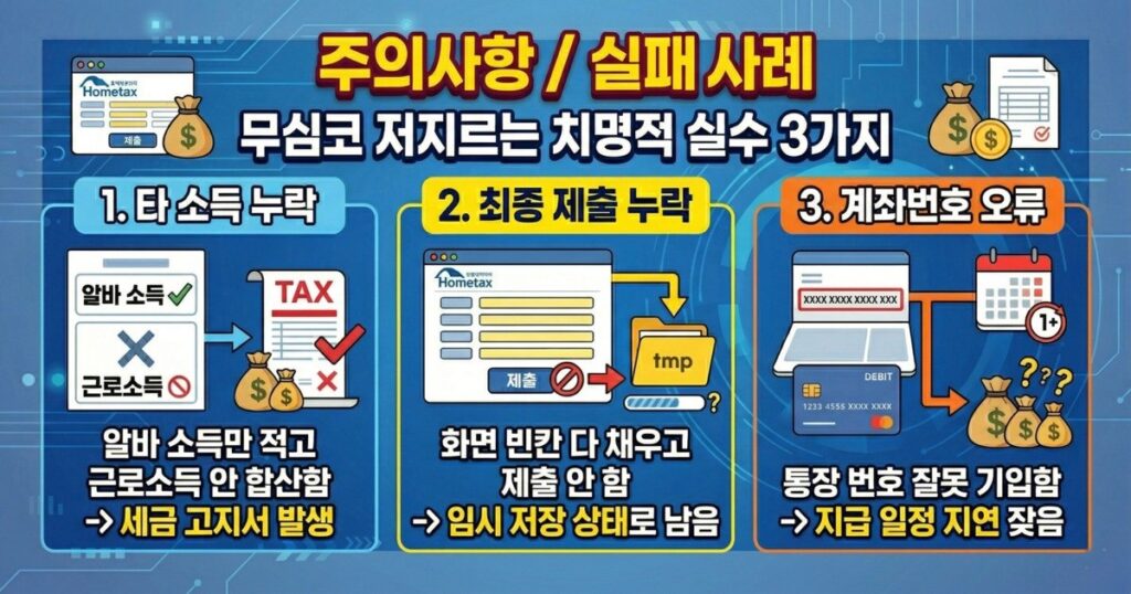 종합소득세 환급 실패 사례 3가지 타소득 누락 제출 누락 계좌 오류