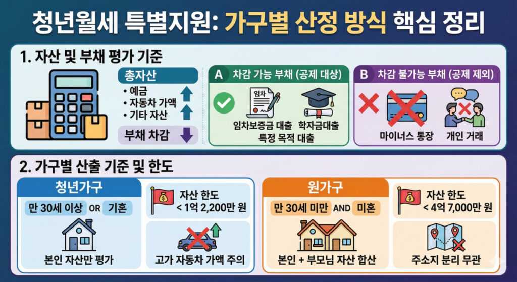 청년월세 특별지원 가구별 소득 및 재산 산정 기준, 부채 차감 가능 항목과 원가구 조건 정리 이미지