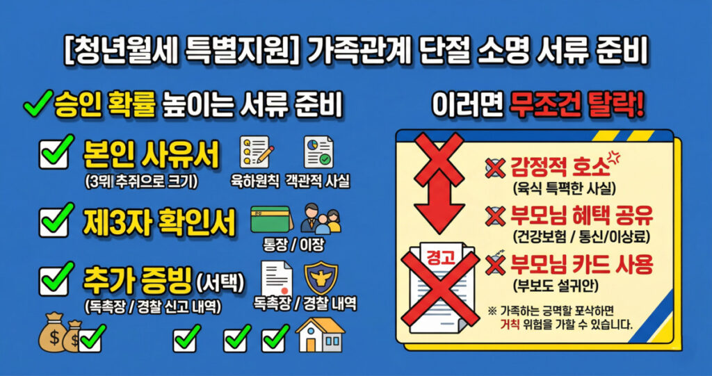 청년월세 특별지원 부모 소득 합산 탈락 이의신청 서류 준비 방법과 단절 소명 기준 설명 이미지