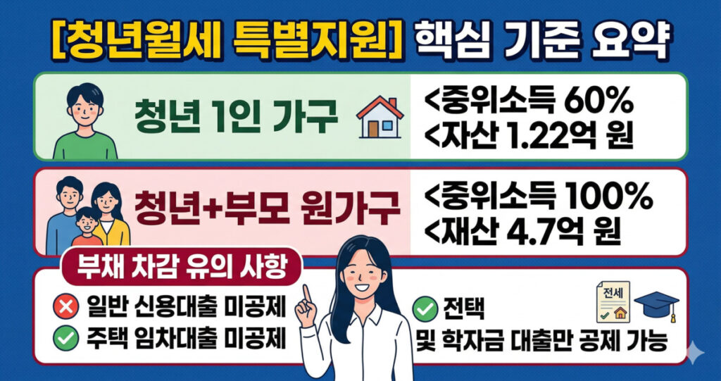 청년월세 특별지원 소득 기준과 재산 기준 요약 및 부채 공제 항목 설명 이미지